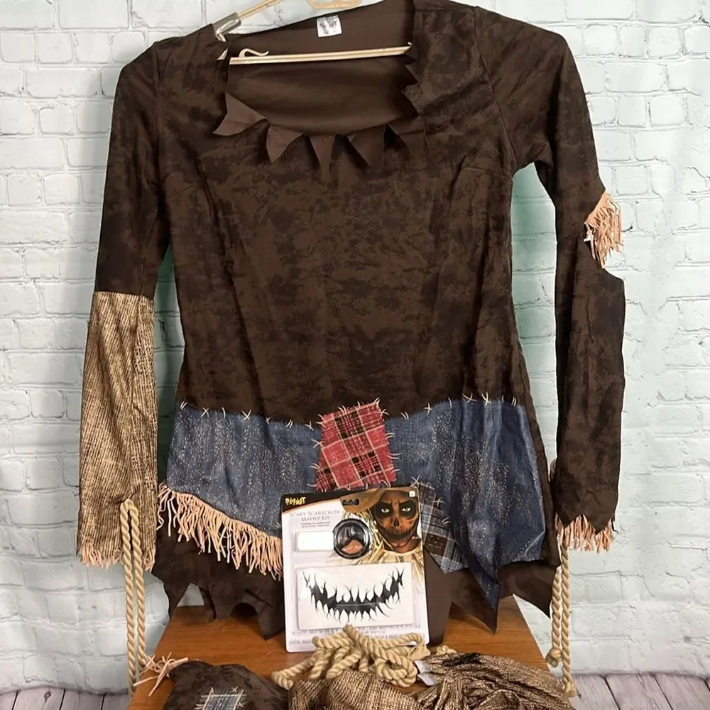 Creepy Scarecrow costume & tattoo’s & makeup for face Adult XL 12-14 Halloween - Picture 7 of 9